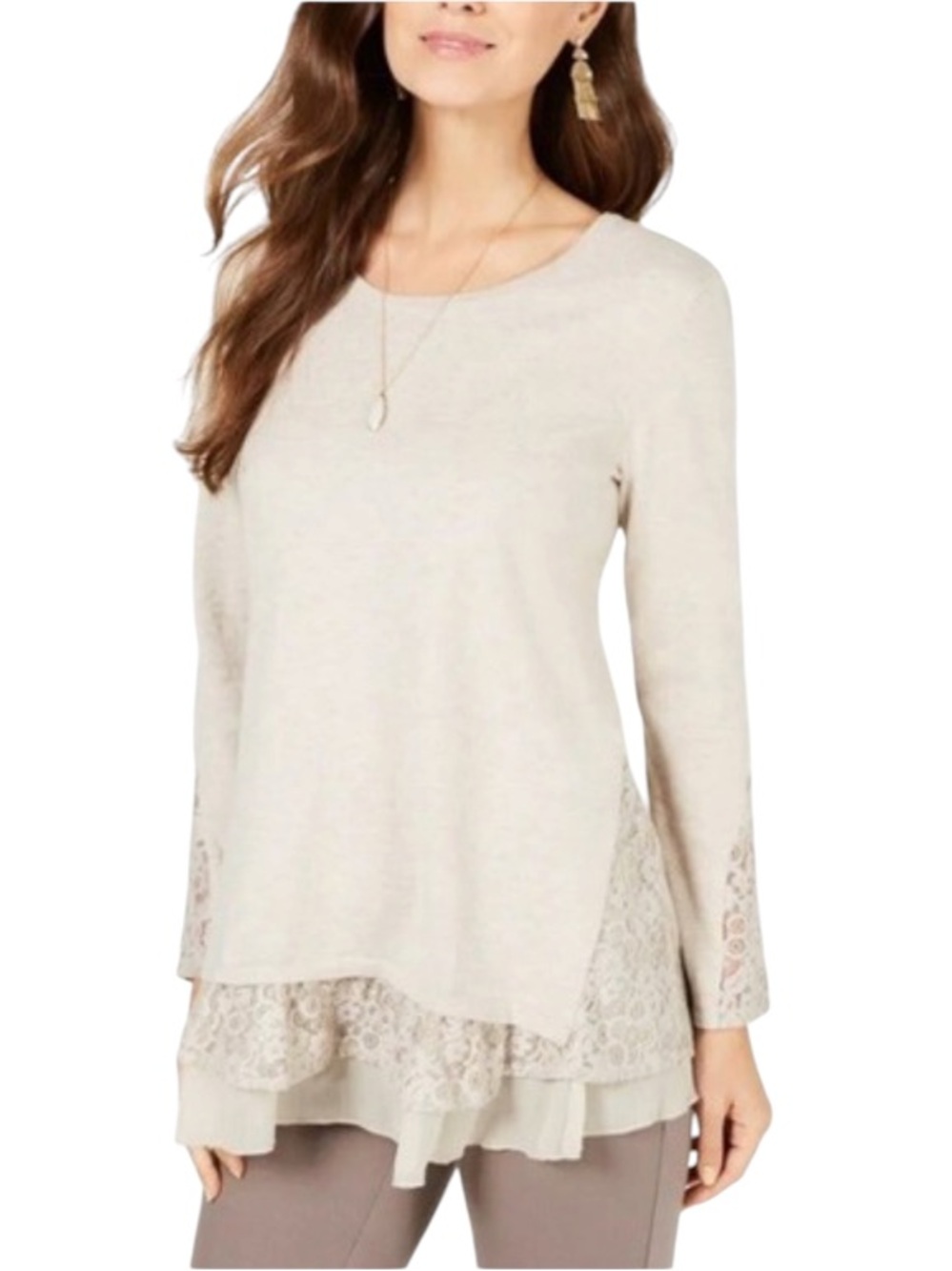 Style & Co Women's Light Taupe Lace Trim Tunic Sweater Size Medium
